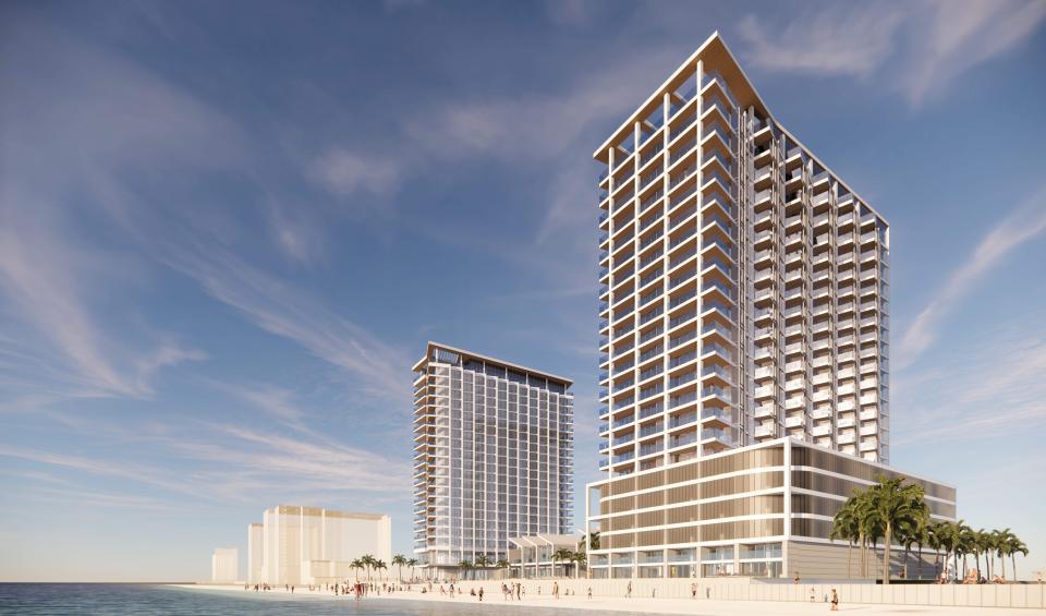 An artist rendering shows a proposed design of a new hotel-condominium project for the site of the eyesore Treasure Island Resort property in Daytona Beach Shores.