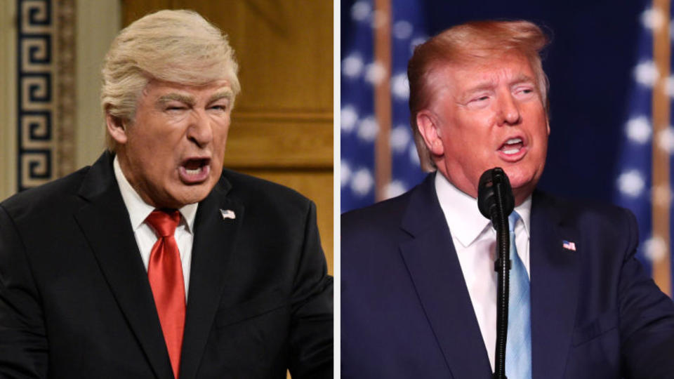 Alec Baldwin in a blonde comb over wig with orange skin side by side with Trump