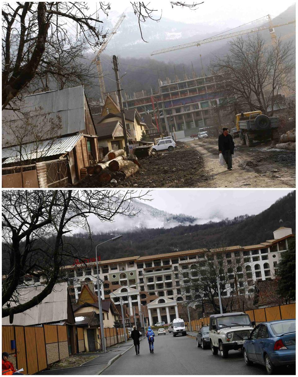 A combination of two pictures shows the development of construction within the last eleven months in the village of Krasnaya Polyana near Sochi