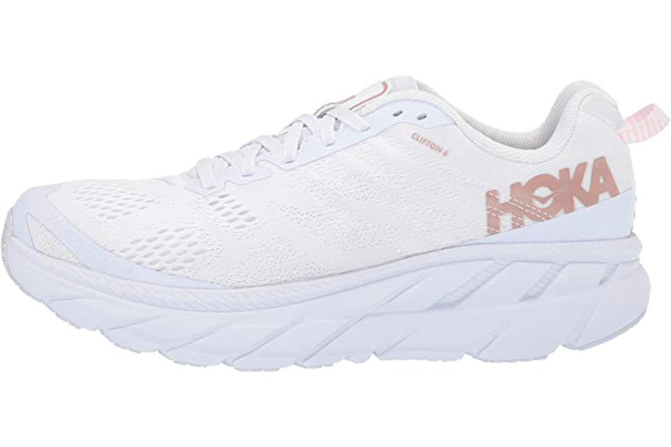 hoka one one clifton 6, white running shoes, chunky shoes