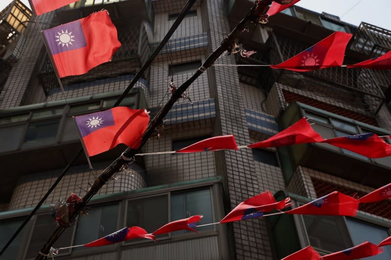 Taiwan flags hang above the streets in Taoyuan