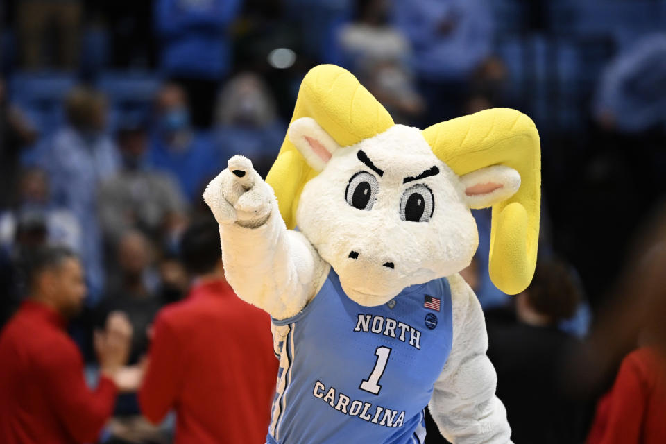 Feb 21, 2022; Chapel Hill, North Carolina, USA; North Carolina Tar Heels mascot performs in the first half at Dean E. Smith Center. Mandatory Credit: Bob Donnan-USA TODAY SportsIde