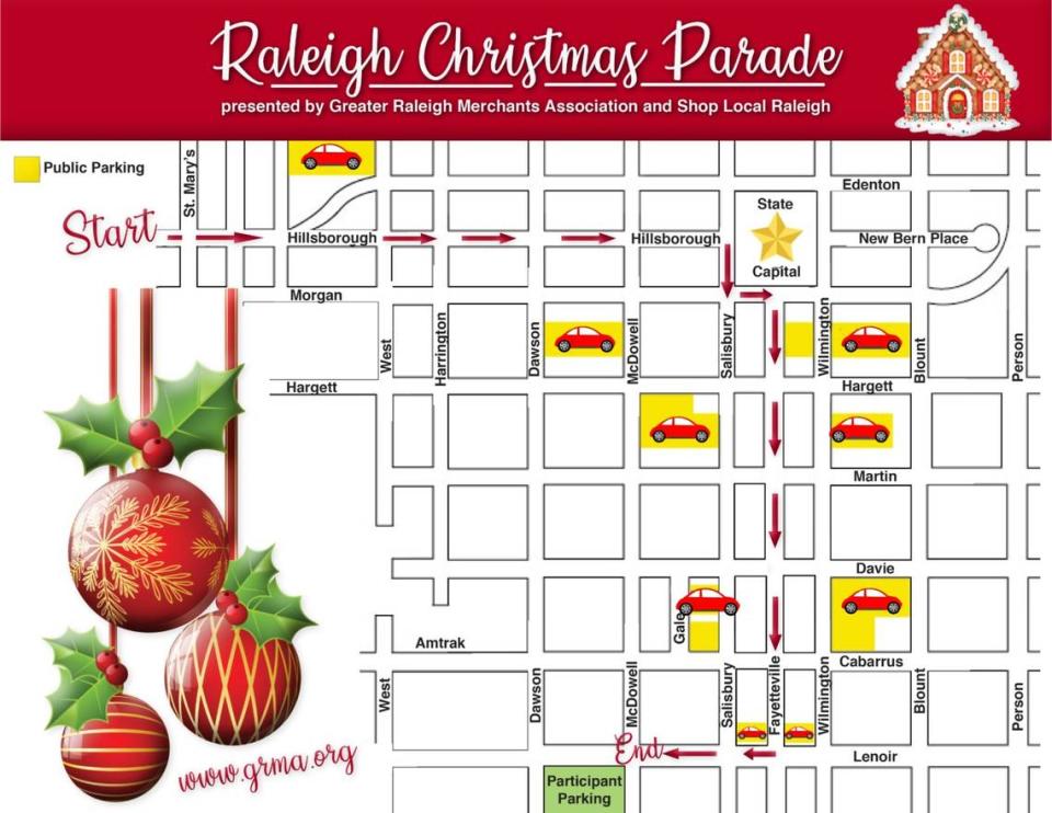 Map of the 2024 Raleigh Christmas Parade route.