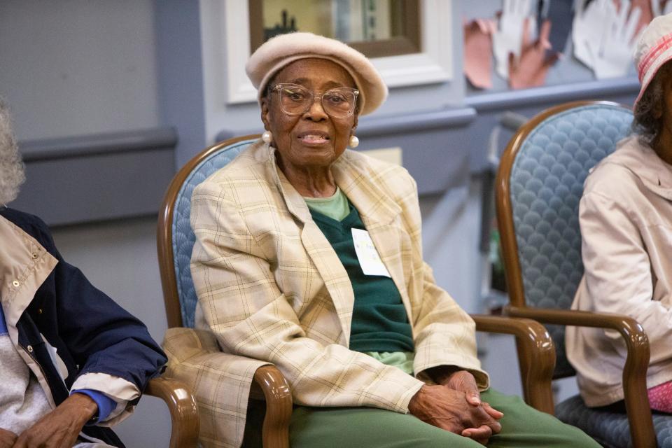 Fannie Gamble sings along to “Amazing Grace” as musicians with the Iris Collective play for seniors at Dorothy’s Place, a daycare center for adults with Alzheimer’s or dementia, in Memphis, Tenn., on Wednesday, April 10, 2024.