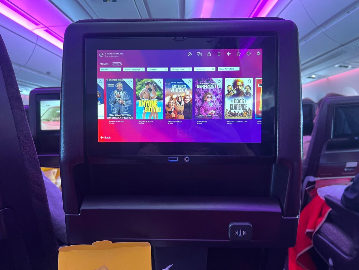 The seatback screen on the Virgin plane.