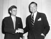 <p>Rep. John F. Kennedy and Sen. Henry Cabot Lodge shake hands, Nov. 10, 1952. (Photo: John F. Kennedy Presidential Library and Museum) </p>