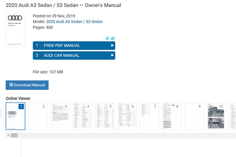 網路上所能搜尋到Audi A3的英文版電子車主手冊頁數高達400頁。