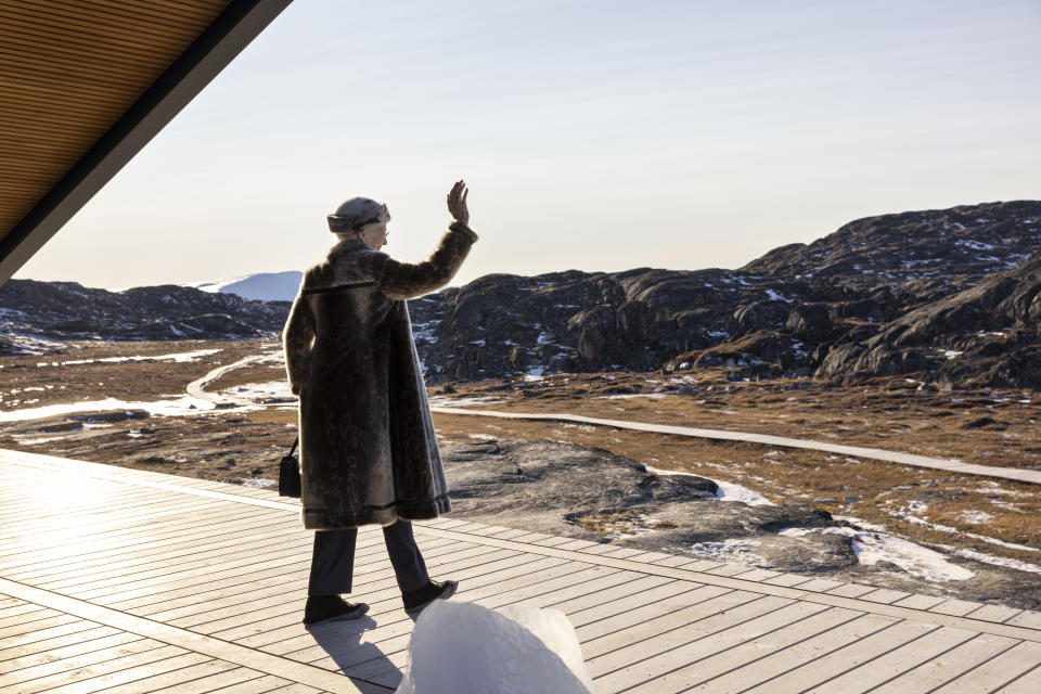 FILE - Denmark's Queen Margrethe visit the new Icefjord Center in Ilulissat, on the West Coast of Greenland, Friday Oct. 8, 2021. The Queen is on a four day visit to Greenland. Queen Margrethe was 31 when she ascended the Danish throne on Jan. 14, 1972, just hours after her father, King Frederik IX, died following complications from a lung infection. The chain-smoking queen quickly endeared herself to Danes with her wit and down-to-earth manners. (Christian Klindt Soelbeck/Ritzau Scanpix via AP, File)