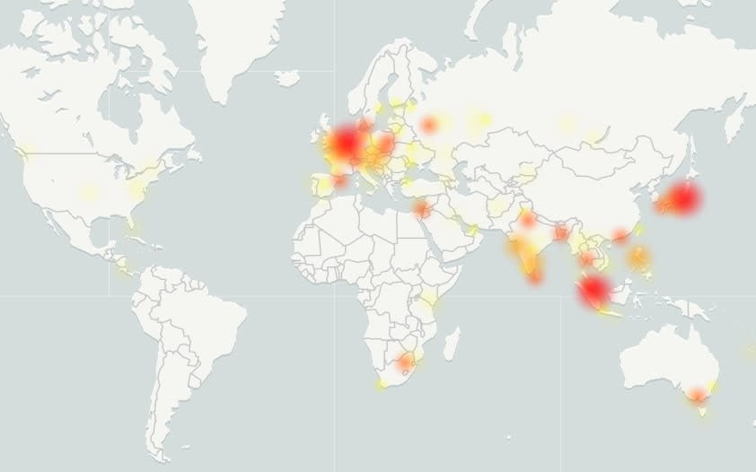 Map of reported Google service outages - DownDetector/OpenStreetMap contributors