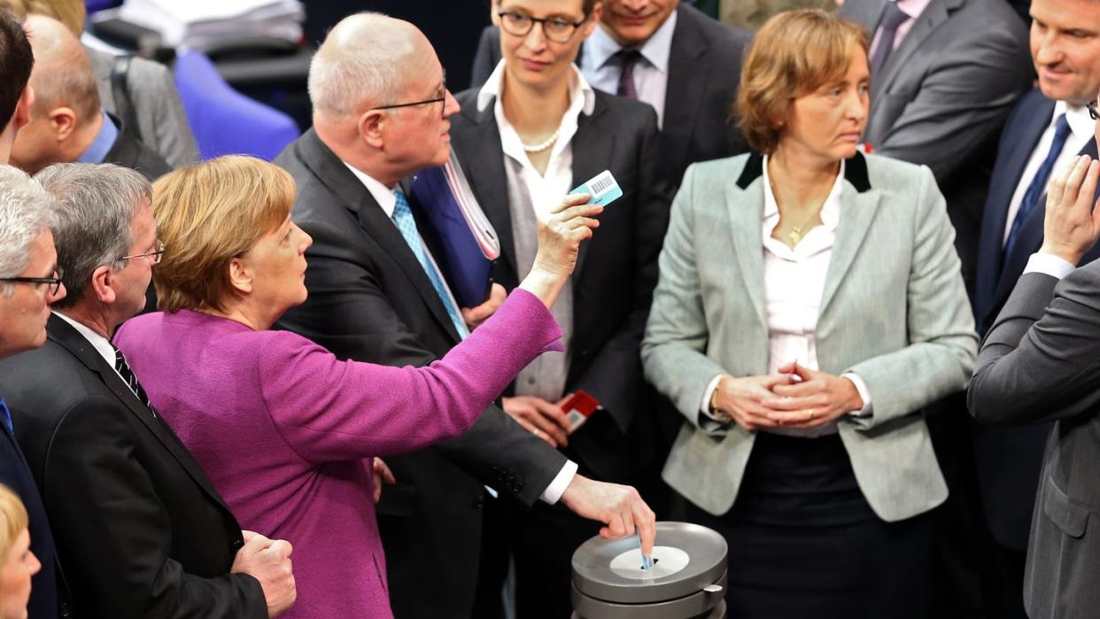 Angela Merkel, Volker Kauder, Alice Weidel und Beatrix von Storch bei der Abstimmung teil. Foto: Wolfgang Kumm