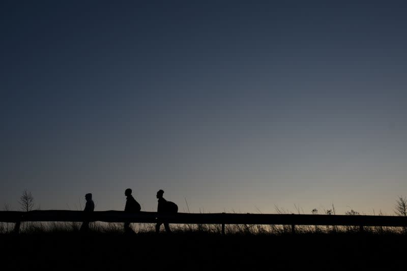 Migrants, who crossed from Turkey to Greece, are silhouetted as they walk on a road near the village of Kastanies, in the region of Evros