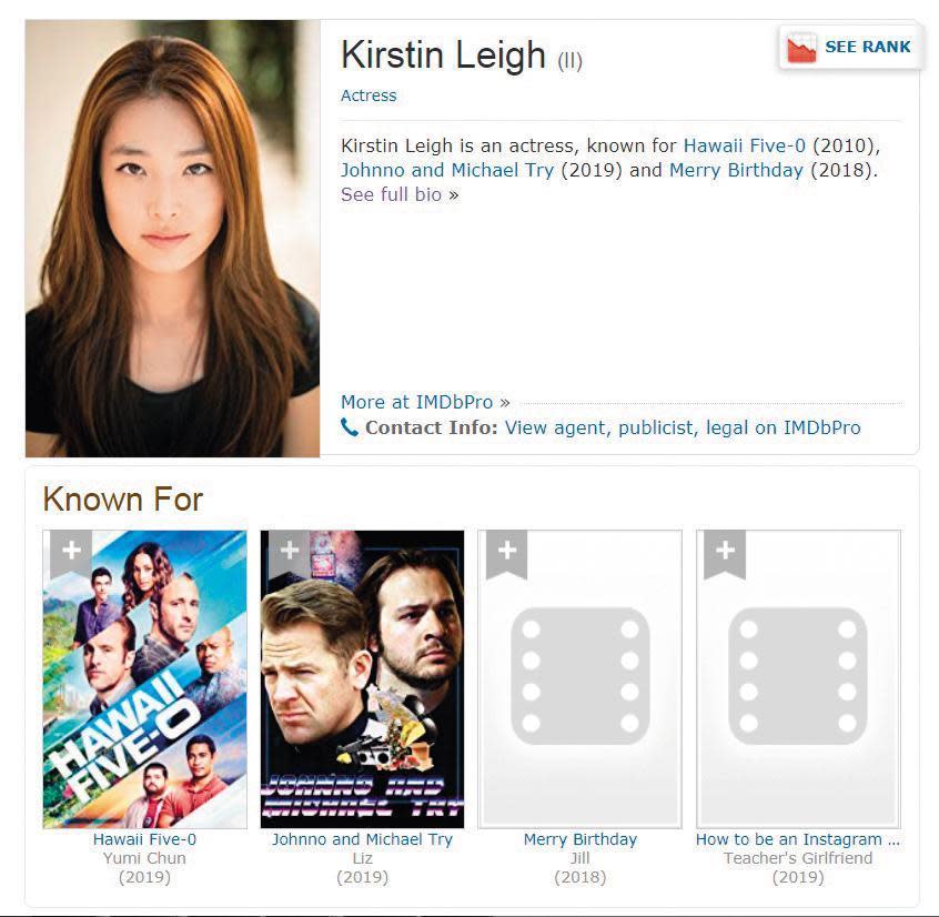 錦榮的新對象Kirstin Leigh，是韓裔女演員，曾演過美國電視劇《檀島警騎》第七季。（翻攝自IMDB）