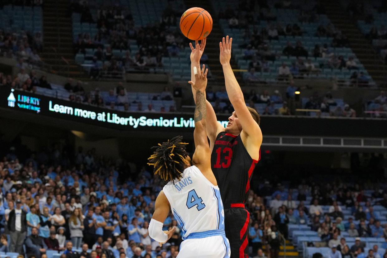 Gardner-Webb guard and former Green Bay Southwest star Lucas Stieber attempts a shot during a game against North Carolina.