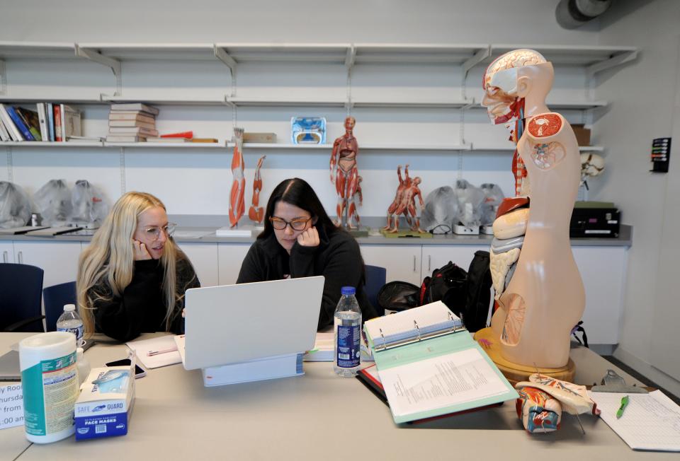 Kelly Fonseca, of Centerville, left, and Dominique Sosnowski, of Mashpee, study Oct. 18 for an upcoming nursing exam in a science study room in The Frank and Maureen Wilkens Science and Engineering Center on the Cape Cod Community College campus in West Barnstable. Merrily Cassidy/Cape Cod Times