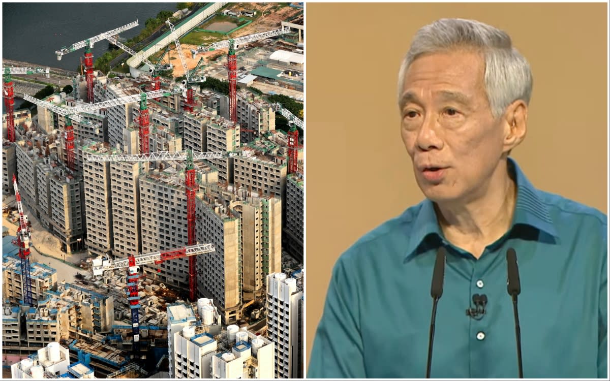 Prime Minister Lee Hsien Loong unveils a new framework of classifying housing projects at the 2023 National Day Rally. (PHOTOS: YouTube screenshot/Ministry of Communication and Information)