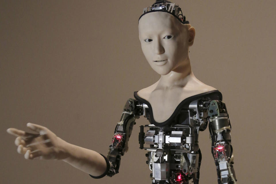 FILE - This Monday, Aug. 1, 2016 file photo shows the humanoid robot "Alter" on display at the National Museum of Emerging Science and Innovation in Tokyo. Understanding humor may be one of the last things that separates humans from ever smarter machines, computer scientists and linguists say. (AP Photo/Koji Sasahara)