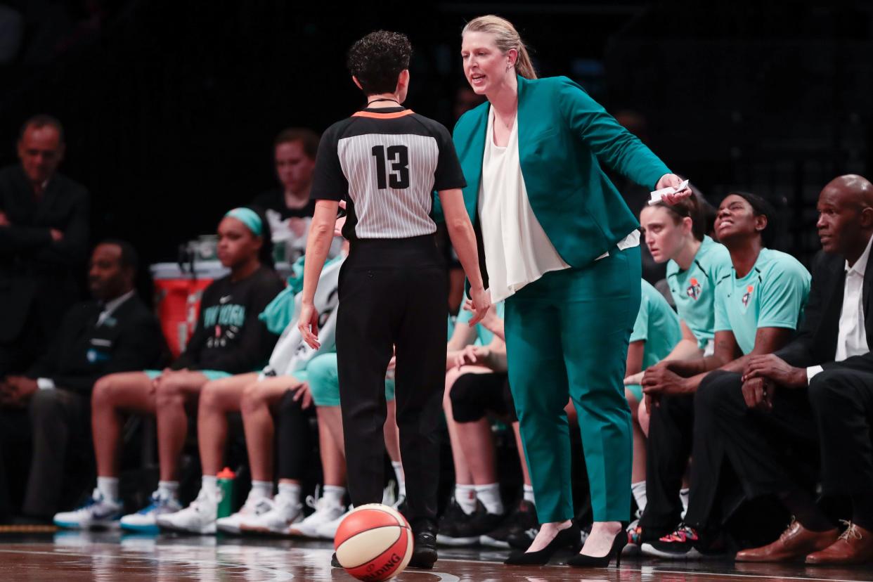 May 9, 2019; New York City, NY, USA; New York Liberty head coach Katie Smith talks with an official during the second half of the preseason WNBA game against the China National Team at Barclays Center. Mandatory Credit: Vincent Carchietta-USA TODAY Sports
