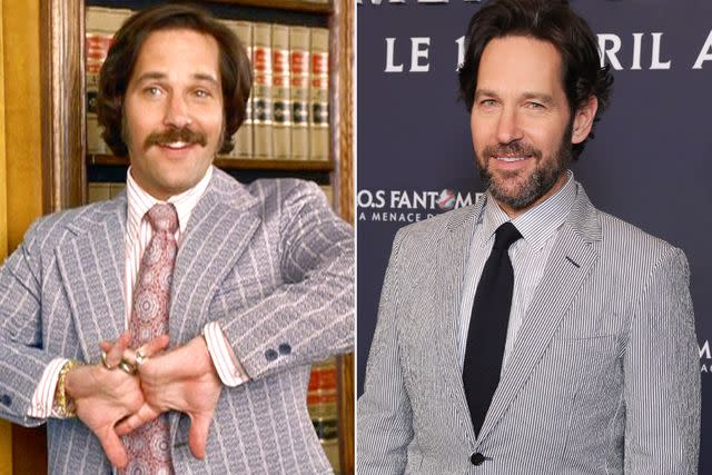 <p>CBS via Getty; Pierre Suu/WireImage</p> Paul Rudd in 2004's Anchorman and in 2024