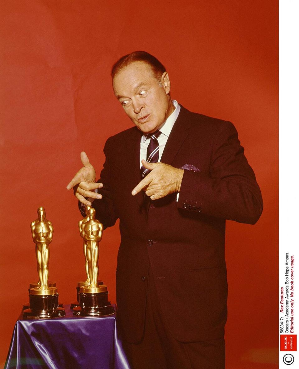 Bob Hope: For decades, the comic stylings of Bob Hope were synonymous with the Oscars. The comedian hosted (and co-hosted) the awards ceremony 19 times between 1940 and 1978, presenting for the final time on the Oscar’s 50th Anniversary. Hope was popular for his charm and assuredness, as well as his droll one-liners. Jack Lemmon presented him with a unique gold medal for his services to the Academy during the 1966 Oscars. Accepting the award, he quipped “anyone that wants to look at this can come to my place and it’ll be in the shrine”. (Rex Features)