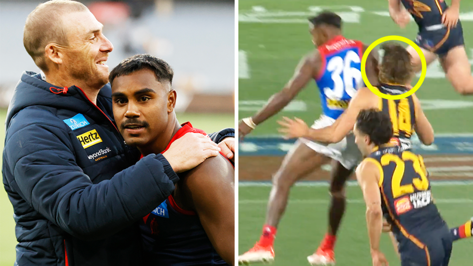 The Melbourne Demons are set to work with Kysaiah Pickett (pictured right) over his on-field aggression after Pickett's collission on Jake Soligo (pictured right). (Images: Getty Images/@AFL)