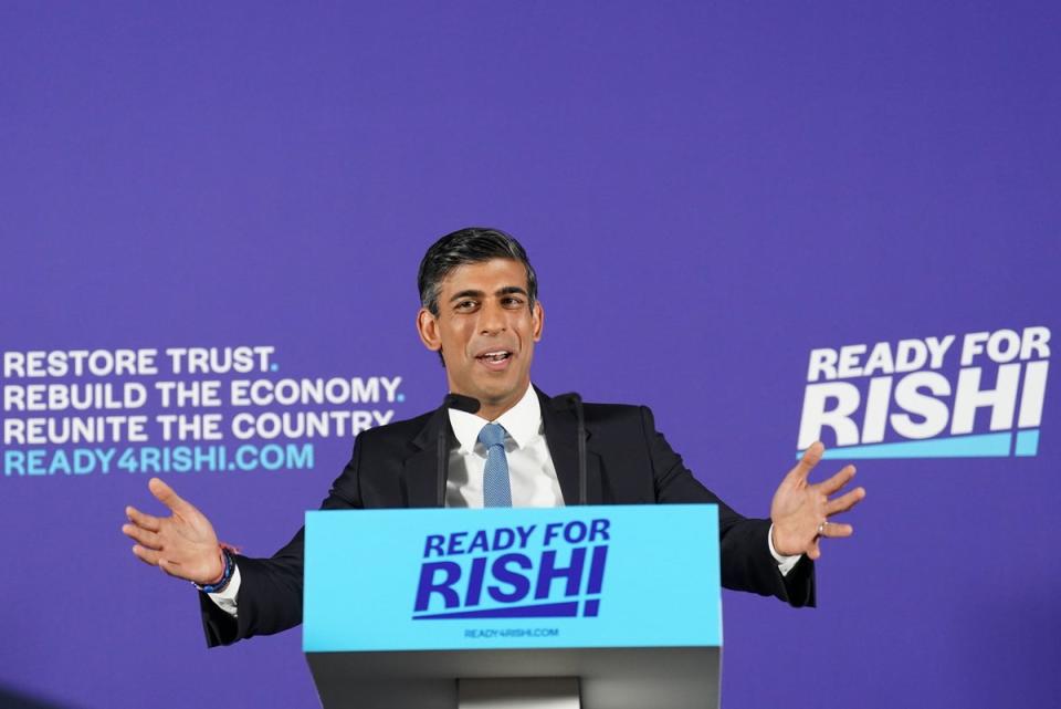 Rishi Sunak speaking at the launch of his campaign to be Conservative Party leader and Prime Minister, at the Queen Elizabeth II Centre in London. (PA)