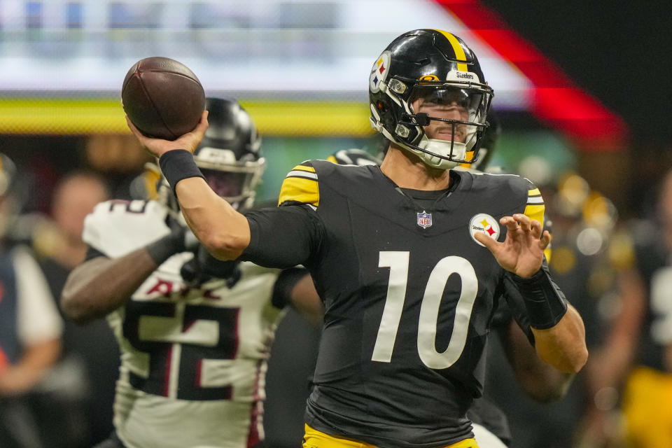 Pittsburgh Steelers quarterback Mitch Trubisky passes against the Atlanta Falcons during the first half of a preseason NFL football game Thursday, Aug. 24, 2023, in Atlanta. (AP Photo/Gerald Herbert)