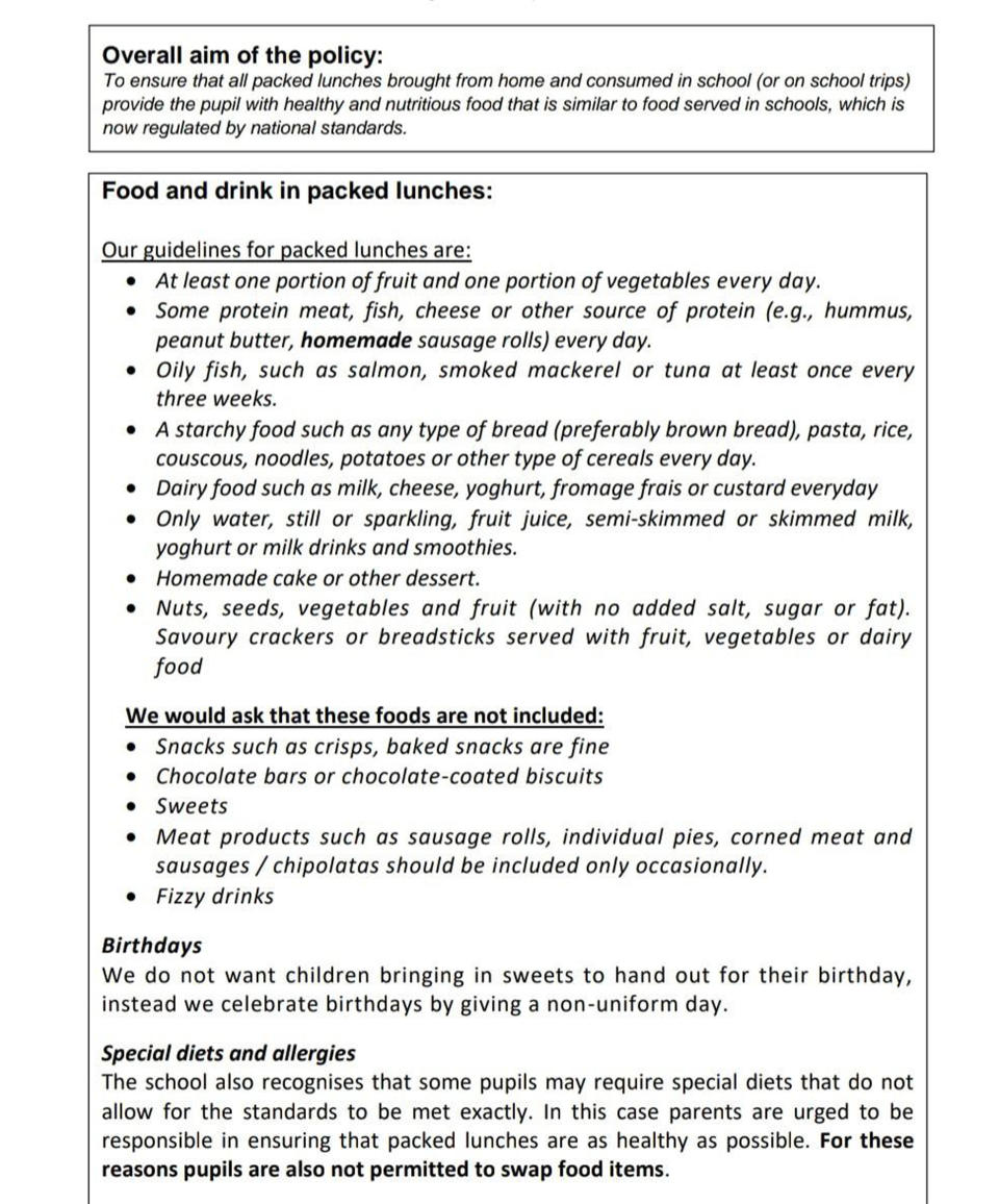 list of lunchbox guidelines and rules from primary school