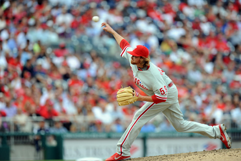 Tyson Brummett #59 of the Philadelphia Phillies pitches in his major league debut against the Washington Nationals at Nationals Park on October 3, 2012 in Washington, DC.