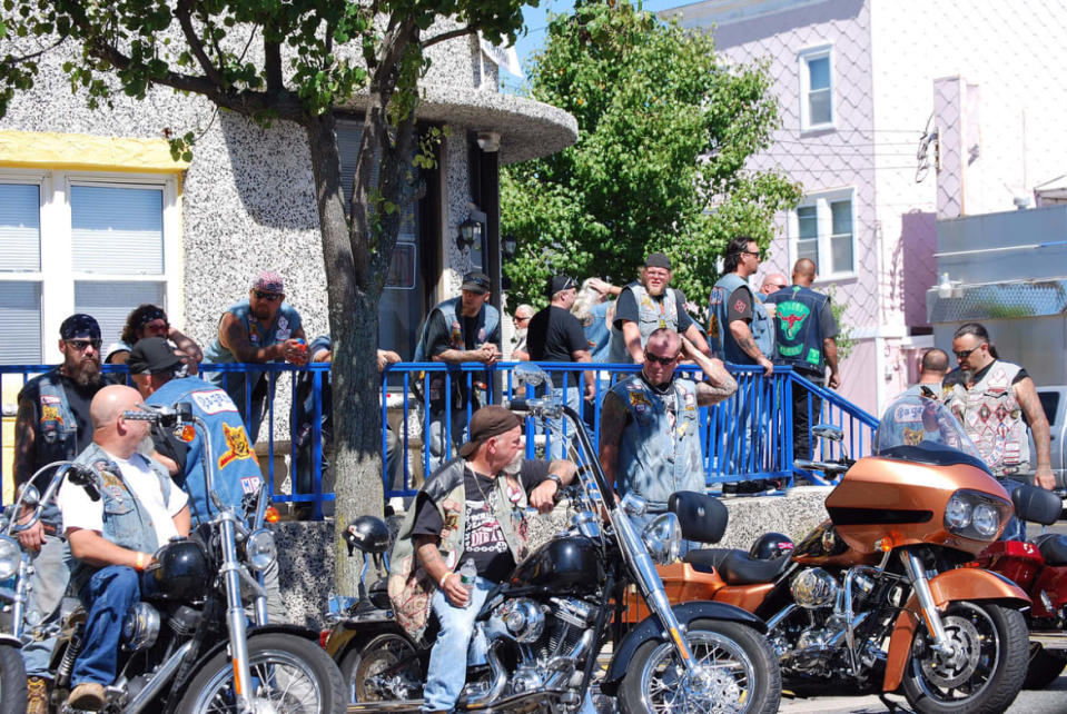 <div class="inline-image__caption"><p>Mother Club members Cano, Hellboy, Bluto, Jersey Jim, Izzo, J.R., and numerous other Pagans outside the Binns Motel at the Pagan mandatory Roar to the Shore, September 2010.</p></div> <div class="inline-image__credit">Ken Croke</div>