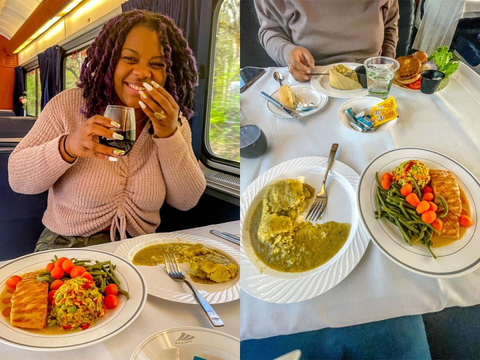 sojourner white laughing in coast starlight dining car (left) and close up of meals on the right