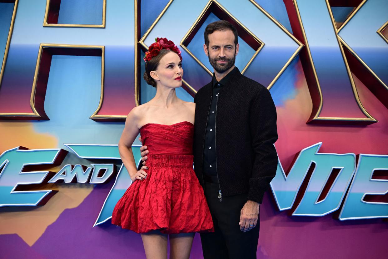 US actress Natalie Portman and her husband French choregrapher Benjamin Millepied pose on the red carpet on arrival to attend the UK Gala Screening of the film 'Thor: Love and Thunder', at the Odeon Luxe in London on July 5, 2022. (Photo by Daniel LEAL / AFP) (Photo by DANIEL LEAL/AFP via Getty Images)
