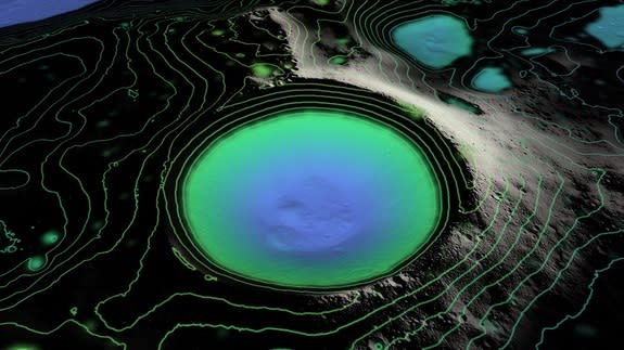 Elevation color coding lights up the inside of the moon's Shackleton crater, a permanently shadowed region.