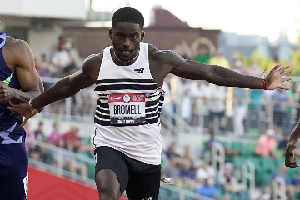 FILE - In this June 20, 2021, file photo, Trayvon Bromell wins the men's 100-meter run at the U.S. Olympic Track and Field Trials in Eugene, Ore. Bromell is the favorite in the 100 at the upcoming Tokyo Games. (AP Photo/Ashley Landis, File)