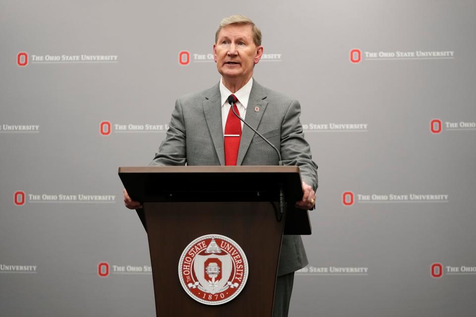 Walter E. "Ted" Carter Jr. speaks to reporters after the Ohio State University Board of Trustees on Tuesday named him the school’s new president, effective Jan. 1.