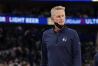 Golden State Warriors head coach Steve Kerr walks off the court after the first half of Game 4 of the NBA basketball playoffs Western Conference finals against the Dallas Mavericks, Tuesday, May 24, 2022, in Dallas. (AP Photo/Tony Gutierrez)