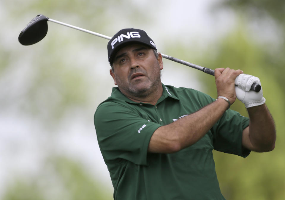 Angel Cabrera, of Argentina, watches his tee shot on the seventh hole during the first round of the Wells Fargo Championship golf tournament in Charlotte, N.C., Thursday, May 1, 2014. (AP Photo/Bob Leverone)