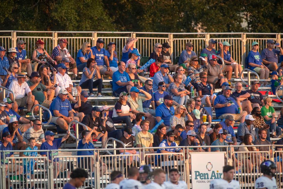 University of West Florida fans cheer on their team Sept. 11, 2021, during the Argos' first home game against Southwest Baptist at Pen Air Field.