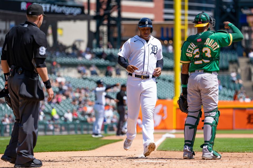 Tigers second baseman Jonathan Schoop scores a run during the fifth inning of Game 1 of a doubleheader on Tuesday, May 10, 2022, at Comerica Park.