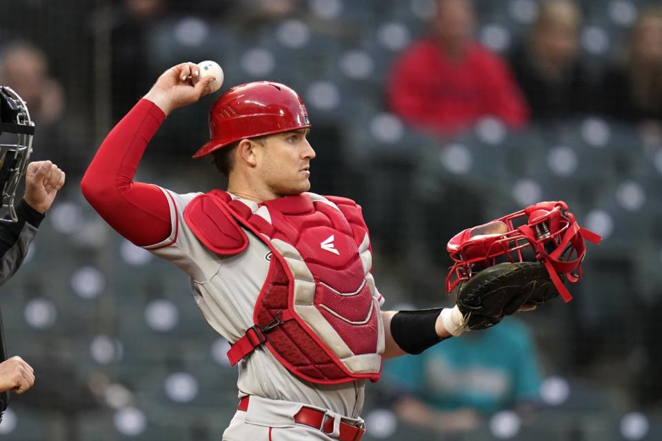 Angels catcher Max Stassi in action against the Seattle Mariners.