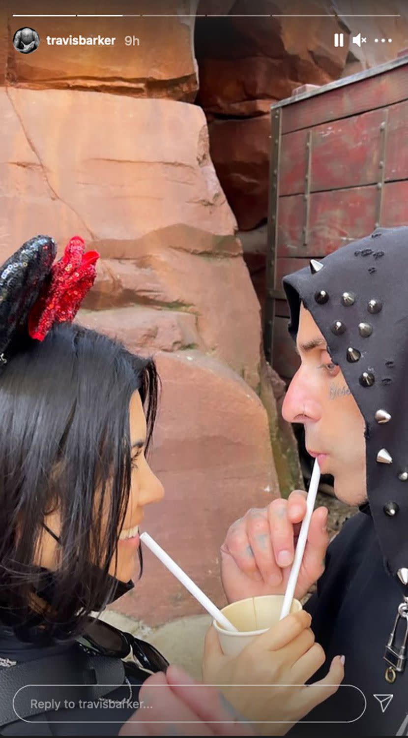 <p>The drummer shared an adorable snap of the couple sharing a drink at Disneyland Paris on his <a href="https://www.instagram.com/travisbarker/?hl=en" rel="nofollow noopener" target="_blank" data-ylk="slk:Instagram story;elm:context_link;itc:0;sec:content-canvas" class="link ">Instagram story</a>. </p>