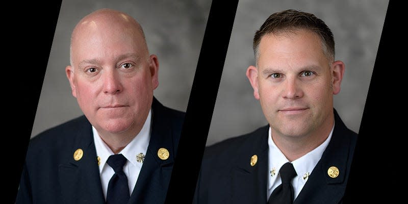 A portrait of outgoing/incoming Purdue University Fire Department Fire Chief, Kevin Ply and Brad Anderson.