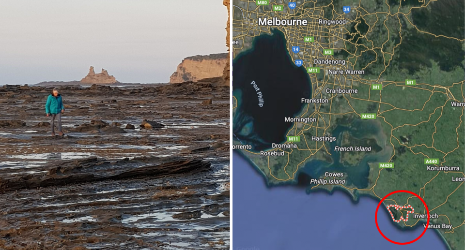 Left - A woman walking on the rock flats at Wonthaggi. Right - a map of Victoria. 