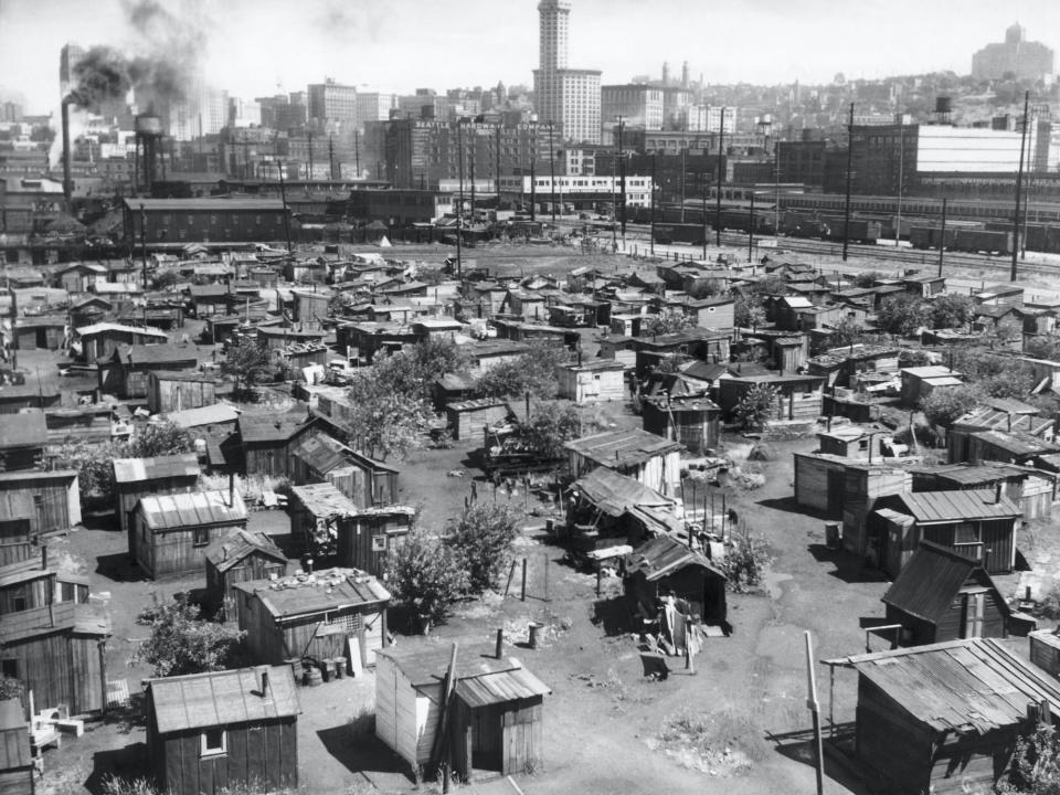 A Hooverville in Seattle in 1934. "Hoovervilles" were shantytowns of temporary homes during the Great Depression in the US.