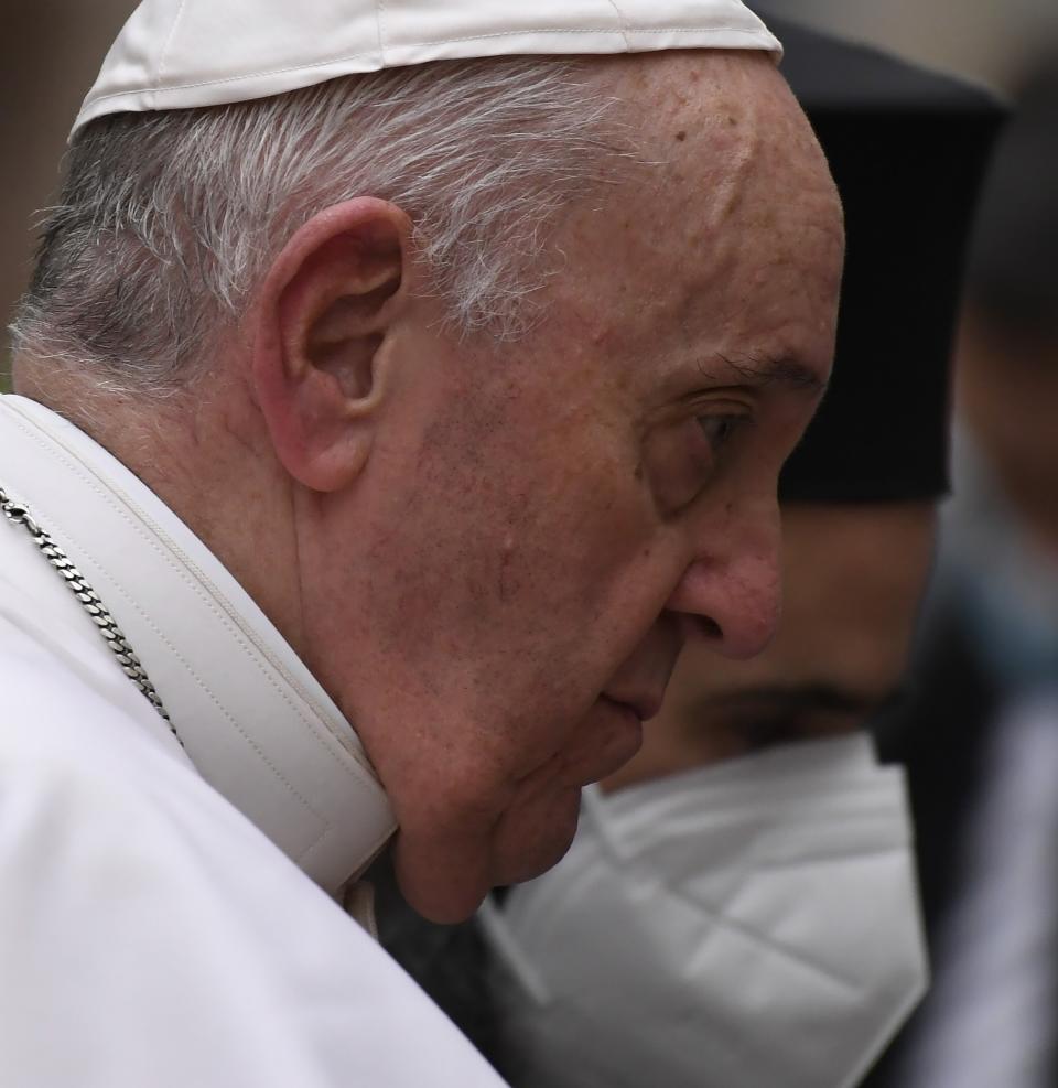 Pope Francis arrives at the Archbishopric of Greece in Athens, Saturday, Dec. 4, 2021. Pope Francis warned Saturday that the "easy answers" of populism and authoritarianism threaten democracy in Europe and called for fresh dedication to promoting the common good. (AP Photo/Michael Varaklas)