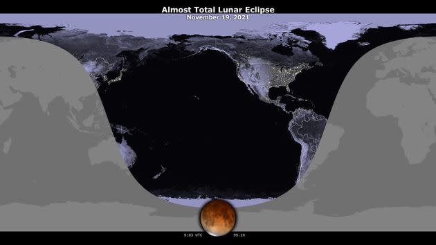 This map from NASA's Scientific Visualization Studio shows where moongazers will be able to view the eclipse. (Photo: NASA's Scientific Visualization Studio)