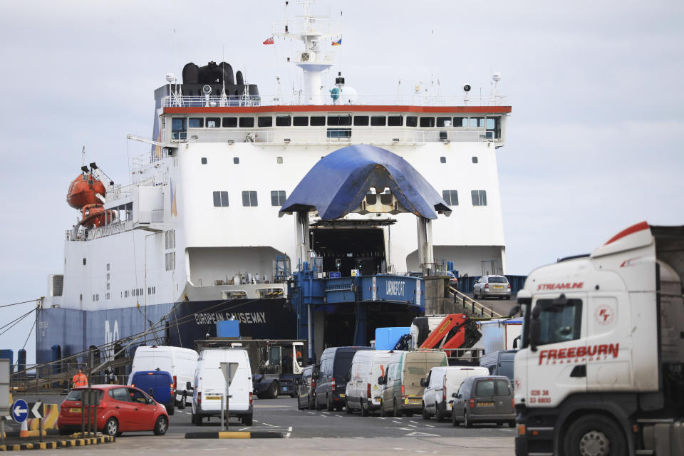 Freight lorries and cars board the P&O ferry from Larne to Cairnryan at Larne Port, Northern Ireland, Monday, Feb. 27, 2023. The U.K. and the European Union were poised Monday to end years of wrangling and seal a deal to resolve their thorny post-Brexit trade dispute over Northern Ireland. (AP Photo/Peter Morrison)