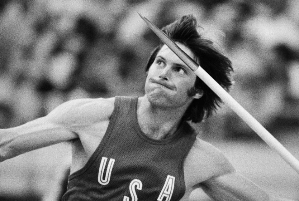 Caitlyn Jenner, of the United States, throws the javelin during the decathlon competition at the Olympics in Montreal, as part of a gold-medal performance. (AP Photo/File)