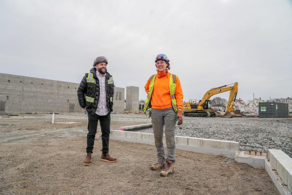 “Everyone respects her, and that just shows you the type of person she is,” Matt Price, project manager at Delta Mechanical, said of Devyn Maher, seen here with Price at the Pawtucket school site. “Everything that’s put in front of her she tackles. She’s a go-getter.”