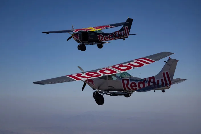 Aerial shot taken at an undisclosed location in, Arizona, USA, for Plane Swap on April 22, 2022. The two pilots, Luke Aikins and Andy Farrington, were unable to successfully complete the attempt on Sunday night after one plane spiraled out of control.