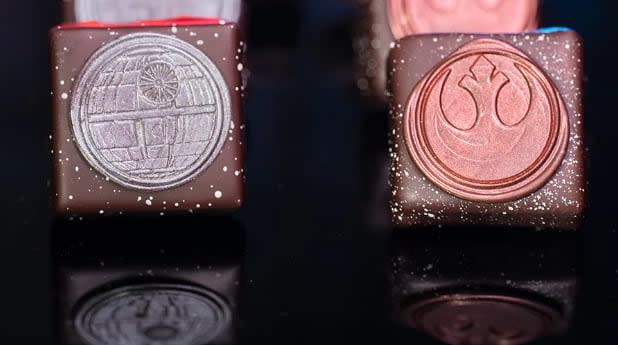 Death Star Ganache Square: Ruby chocolate with 65% dark chocolate (New)  
Rebellion Ganache Square: White chocolate blended with dragon fruit enrobed in dark 65% chocolate (New)